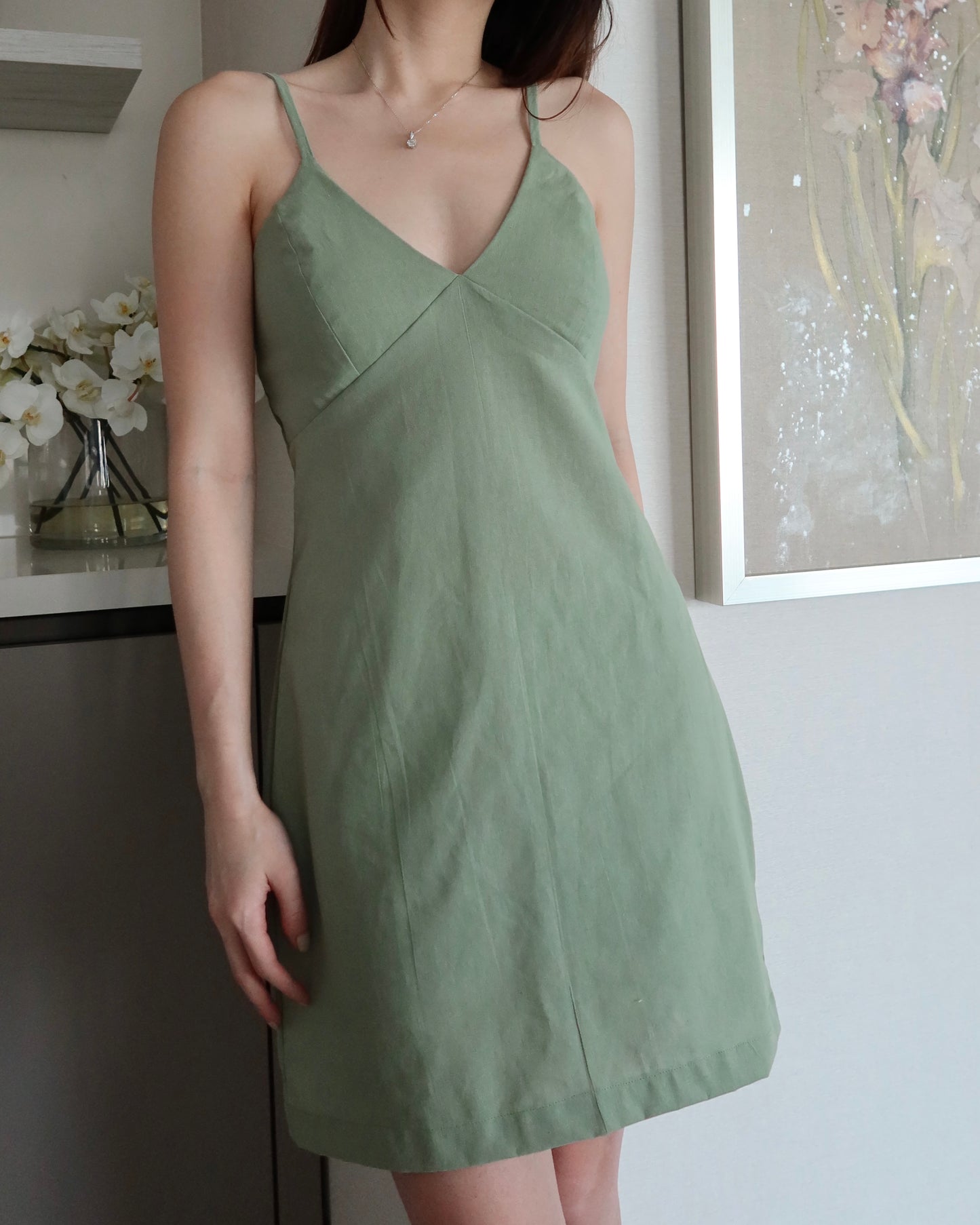 linen v neck mini dress