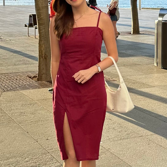 linen midi dress maroon